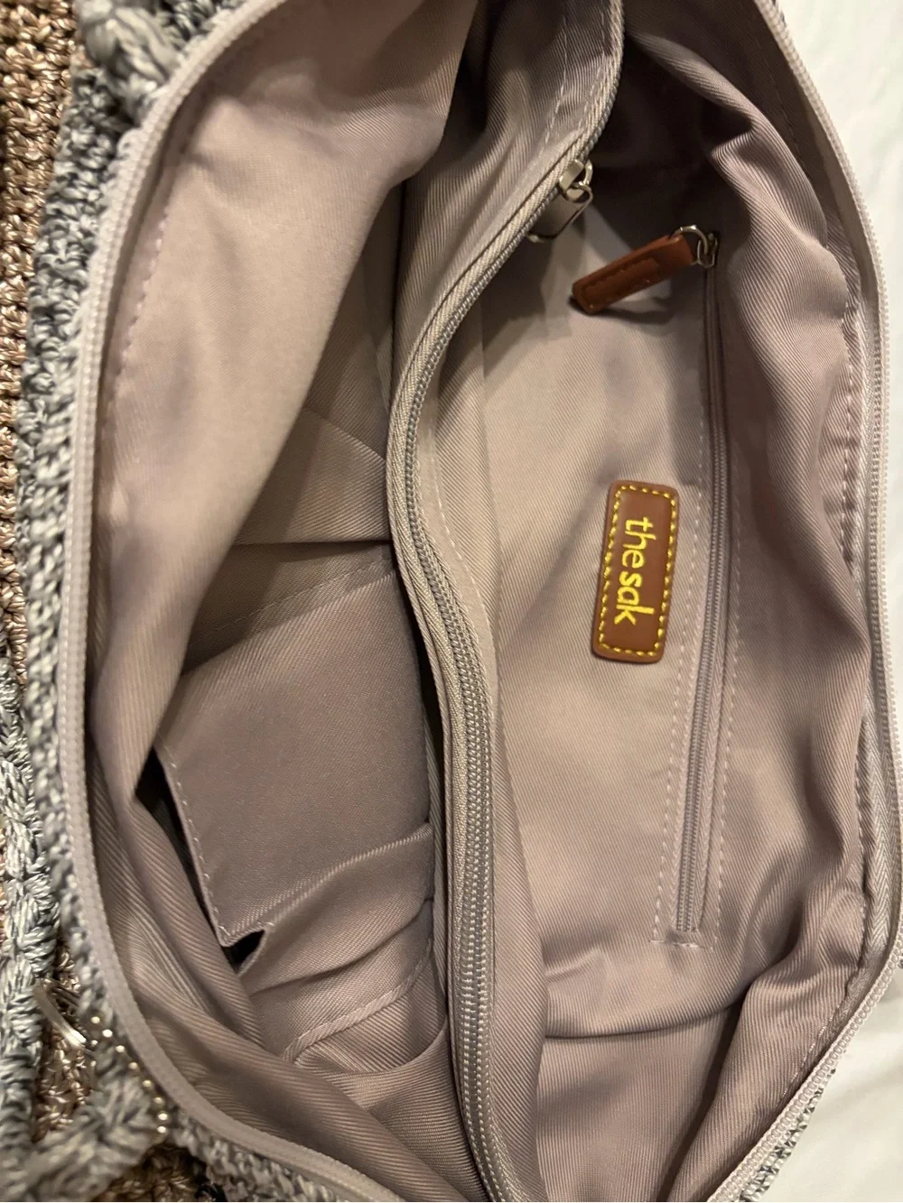 The Sak Crochet Shoulder Tote in Boho Coastal Nuetral Lined Zip Closure